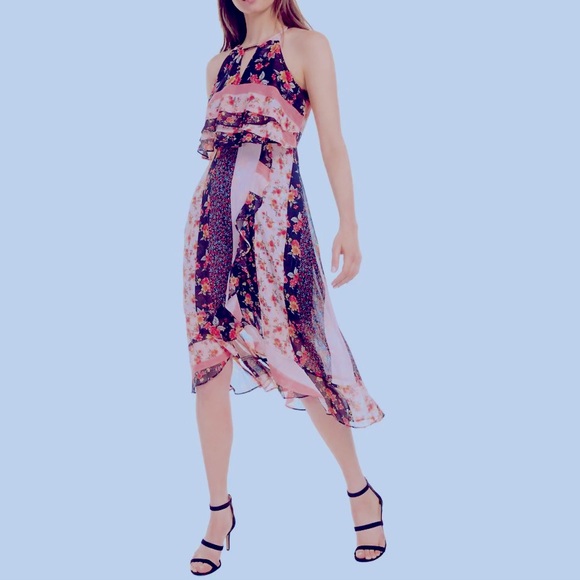 Kensie multicolor stripe floral patchwork chiffon lined midi maxi ruffle size 2 - Picture 2 of 15